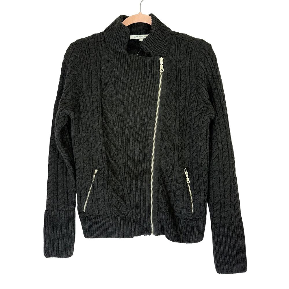 NWT Eight Eight Eight Black Chunky Cable Knit Long Sleeve Zip Sweater Top Size S
